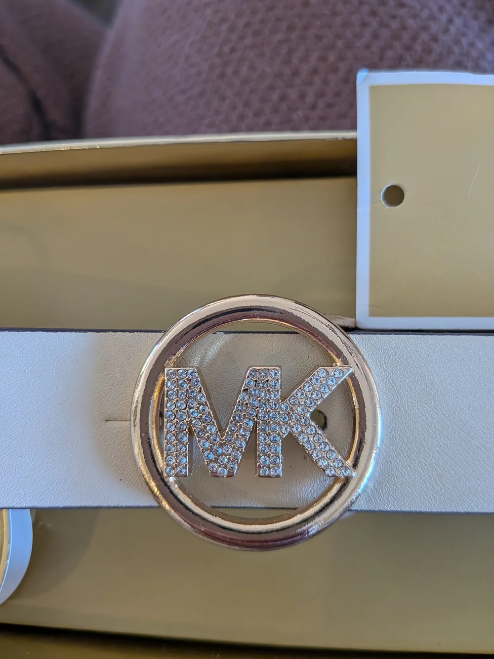 NIB Michael Kors Women's White Leather MK Logo Belt - Gold Buckle - Picture 12 of 12
